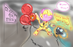 Size: 879x561 | Tagged: safe, artist:retl, character:pinkie pie, oc, oc only, oc:puppysmiles, species:pony, fallout equestria, balloon, billboard, bomb, dialogue, environmental suit, fallout equestria: pink eyes, fanfic art, gun, speech bubble, weapon