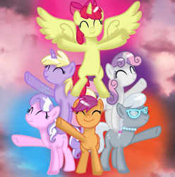 Size: 1155x1165 | Tagged: safe, artist:melodysweetheart, artist:zikathepony, base used, character:apple bloom, character:diamond tiara, character:dinky hooves, character:pinkie pie, character:scootaloo, character:silver spoon, character:sweetie belle, species:alicorn, species:pegasus, species:pony, species:unicorn, alicornified, alternate universe, bloomicorn, cloud, cutie mark crusaders, race swap, sky