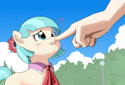 Size: 756x515 | Tagged: safe, artist:vinilyart, character:coco pommel, species:earth pony, species:human, species:pony, blushing, boop, cocobetes, cute, female, heart, mare, offscreen character, offscreen human