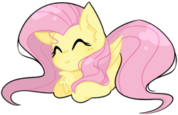 Size: 1024x664 | Tagged: safe, artist:pointdelta, character:fluttershy, species:pegasus, species:pony, chest fluff, cute, eyes closed, female, folded wings, mare, ponyloaf, prone, shyabetes, simple background, smiling, solo, stray strand, transparent background, wings