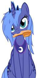 Size: 1547x3196 | Tagged: safe, artist:khyperia, artist:tg-0, character:princess luna, species:alicorn, species:pony, brush, brushie, chubby, cute, female, looking at you, lunabetes, mare, messy mane, mouth hold, s1 luna, simple background, sitting, solo, transparent background