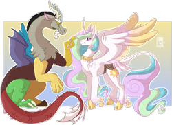 Size: 3412x2483 | Tagged: safe, artist:kittyisawolf, character:discord, character:princess celestia, species:alicorn, species:classical unicorn, species:draconequus, species:pony, ship:dislestia, cloven hooves, colored wings, curved horn, female, gradient background, gradient wings, horn, horn ring, jewelry, leonine tail, male, mare, necklace, ring, saddle, shipping, simple background, story included, straight, tack, transparent background, unshorn fetlocks, wings