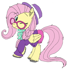 Size: 992x1024 | Tagged: safe, artist:danksailor, character:fluttershy, species:pony, episode:fake it 'til you make it, alternate hairstyle, cute, female, fluffy, hipstershy, one eye closed, outfit, solo, wink