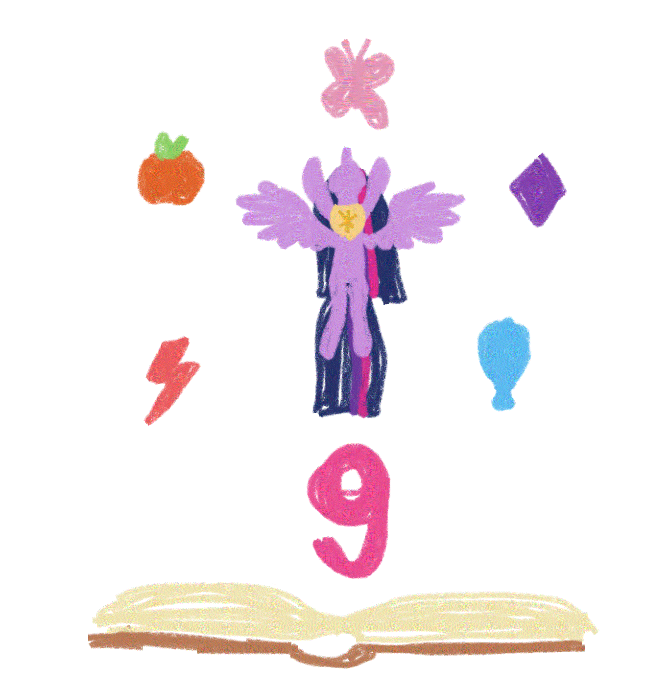 Size: 1366x1400 | Tagged: safe, artist:yoshimon1, character:twilight sparkle, character:twilight sparkle (alicorn), species:alicorn, species:pony, episode:the last problem, g4, my little pony: friendship is magic, animated, book of harmony, crayon effect, doodle, element of generosity, element of honesty, element of kindness, element of laughter, element of loyalty, female, flying, gif, happy birthday mlp:fim, mare, mlp fim's ninth anniversary, princess twilight 2.0, simple background, solo, white background