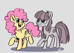 Size: 680x489 | Tagged: safe, artist:ohjeetorig, character:li'l cheese, oc, oc:pebble pine, parent:maud pie, parent:mudbriar, parents:maudbriar, species:earth pony, species:pony, episode:the last problem, g4, my little pony: friendship is magic, colt, cousins, female, male, official fan art, offspring, simple background
