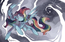 Size: 1280x832 | Tagged: safe, artist:angrygem, character:rainbow dash, species:pegasus, species:pony, female, flying, lightning, looking back, mare, solo, storm
