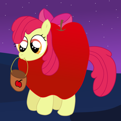 Size: 1280x1280 | Tagged: safe, artist:sweetielover, character:apple bloom, species:earth pony, species:pony, apple, apple bloom's bow, bow, bucket, clothing, costume, female, filly, food, food costume, giant apple, hair bow, mouth hold, nightmare night costume, solo, that pony sure does love apples
