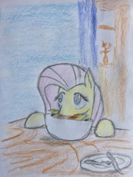 Size: 852x1136 | Tagged: safe, artist:kabayo, character:fluttershy, species:pegasus, species:pony, /mlp/, bomb ass tea, drawthread, eating, female, food, herbivore, salad, solo, traditional art