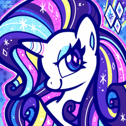 Size: 500x500 | Tagged: safe, artist:crayon-chewer, part of a set, character:rarity, species:pony, species:unicorn, episode:twilight's kingdom, g4, my little pony: friendship is magic, bust, cute, cutie mark eyes, female, groovy, icon, mare, portrait, rainbow power, raribetes, solo, wingding eyes