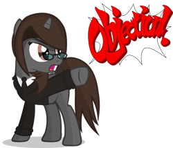 Size: 3500x3000 | Tagged: safe, artist:duskyzombie, oc, oc:sonata, species:pony, species:unicorn, ace attorney, clothing, crossover, elements of justice, female, mare, objection, simple background, solo, suit, transparent background, turnabout storm