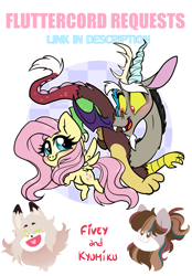 Size: 1039x1490 | Tagged: safe, artist:zlayd-oodles, character:discord, character:fluttershy, species:draconequus, species:pegasus, species:pony, ship:discoshy, blushing, chibi, colored, cute, discute, female, flat colors, male, redbubble, shipping, shyabetes, simple background, straight, transparent background