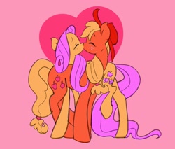 Size: 1280x1093 | Tagged: safe, artist:echobone, character:applejack, character:fluttershy, species:earth pony, species:pony, ship:appleshy, blushing, eyes closed, female, heart, kissing, lesbian, profile, shipping, standing