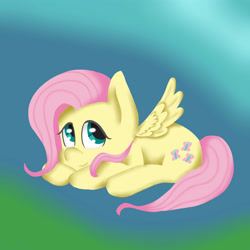 Size: 4000x4000 | Tagged: safe, artist:neekophobia, character:fluttershy, species:pegasus, species:pony, cute, female, gradient background, looking at you, mare, prone, shyabetes, smiling, solo, spread wings, three quarter view, wings