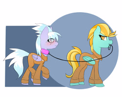 Size: 5000x4000 | Tagged: safe, artist:neekophobia, character:cloudchaser, character:lightning dust, species:pegasus, species:pony, blushing, clothing, collar, eye clipping through hair, female, leash, lesbian, lightningchaser, mare, mouth hold, no pupils, pet play, prison outfit, shipping