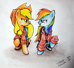 Size: 3441x3156 | Tagged: safe, artist:jenyeongi, character:applejack, character:rainbow dash, species:earth pony, species:pegasus, species:pony, boots, clothing, female, hoodie, hoof shoes, looking at each other, mare, one leg raised, pants, rivalry, shirt, shoes, traditional art