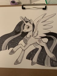 Size: 1536x2048 | Tagged: dead source, safe, artist:ohjeetorig, character:twilight sparkle, character:twilight sparkle (alicorn), species:alicorn, species:pony, episode:the last problem, g4, my little pony: friendship is magic, black and white, commission example, female, grayscale, ink, ink drawing, monochrome, official fan art, photo, princess twilight 2.0, solo, traditional art