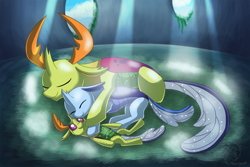 Size: 1200x800 | Tagged: safe, artist:racingwolf, character:thorax, oc, oc:calor, oc:calor the changeling, species:changeling, species:reformed changeling, changeling hive, changeling oc, cloud, cuddling, cute, cuteling, dawwww, duo, duo male, fanfic art, hive, light beams, male, papa thorax, plushie, sleeping, smiling, snuggling, sunlight, sweet dreams fuel, thorabetes