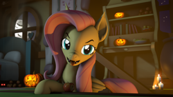 Size: 3840x2160 | Tagged: safe, artist:alicorntwilysparkle, character:flutterbat, character:fluttershy, species:bat pony, species:pegasus, species:pony, 3d, apple, bat ponified, candle, female, food, high res, looking at you, mare, moon, nightmare night, pumpkin, race swap, revamped ponies, solo, source filmmaker, tongue out