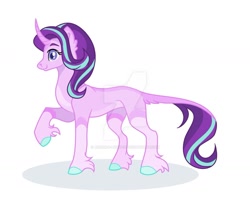 Size: 1280x1083 | Tagged: safe, artist:aurora-light-x, character:starlight glimmer, species:classical unicorn, species:pony, species:unicorn, colored hooves, curved horn, deviantart watermark, female, horn, leonine tail, mare, missing cutie mark, obtrusive watermark, simple background, solo, unshorn fetlocks, watermark, white background