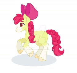 Size: 1280x1218 | Tagged: safe, alternate version, artist:aurora-light-x, character:apple bloom, species:earth pony, species:pony, bald face, bow, braid, braided tail, coat markings, deviantart watermark, female, hair bow, obtrusive watermark, rearing, simple background, socks (coat marking), solo, watermark, white background