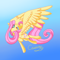 Size: 300x300 | Tagged: safe, artist:sugarponypie, character:fluttershy, species:pegasus, species:pony, big wings, cutie mark, eye clipping through hair, female, flying, head turn, mare, open mouth, pixel art, raised hoof, smiling, solo, spread wings, wings
