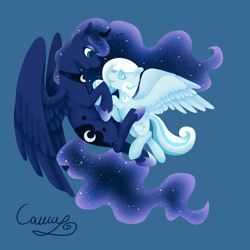 Size: 1600x1600 | Tagged: safe, artist:sugarponypie, character:princess luna, oc, oc:snowdrop, species:alicorn, species:pegasus, species:pony, blue background, cutie mark, duo, ethereal mane, female, galaxy mane, jewelry, lineless, looking at each other, mare, older, regalia, simple background, smiling, spread wings, wings