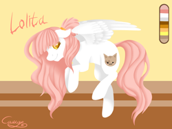 Size: 1600x1200 | Tagged: safe, artist:sugarponypie, oc, oc only, oc:lolita, species:pegasus, species:pony, catface, cutie mark, female, flying, looking at you, mare, reference sheet, request, smiling, solo