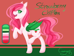 Size: 1600x1200 | Tagged: safe, artist:sugarponypie, oc, oc only, oc:strawberry chiffon, species:bat pony, species:pony, abstract background, bat pony oc, cutie mark, ear fluff, fangs, female, food, looking at you, mare, open mouth, raised hoof, reference sheet, request, solo, strawberry