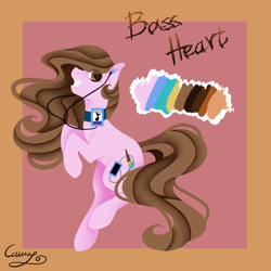 Size: 1600x1600 | Tagged: safe, artist:sugarponypie, oc, oc only, oc:bass heart, species:earth pony, species:pony, abstract background, collar, cutie mark, earbuds, eye clipping through hair, female, grin, mare, mp3 player, reference sheet, request, smiling, solo