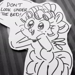 Size: 2048x2048 | Tagged: safe, artist:ohjeetorig, character:cozy glow, species:pegasus, species:pony, black and white, female, filly, grayscale, irl, monochrome, official fan art, paper child, photo, pony ciderfest, sketch, traditional art