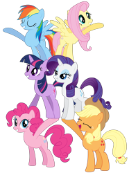 Size: 6000x8062 | Tagged: safe, artist:ready2fail, character:applejack, character:fluttershy, character:pinkie pie, character:rainbow dash, character:rarity, character:twilight sparkle, character:twilight sparkle (unicorn), species:earth pony, species:pegasus, species:pony, species:unicorn, episode:games ponies play, g4, my little pony: friendship is magic, .ai available, .svg available, absurd resolution, eyes closed, female, greeting, holding a pony, lidded eyes, mane six, mare, open mouth, pony pile, pony pyramid, raised hoof, simple background, smiling, tower of pony, transparent background, vector