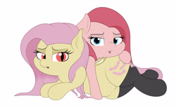 Size: 4866x2988 | Tagged: safe, artist:blitzyflair, character:flutterbat, character:fluttershy, character:pinkamena diane pie, character:pinkie pie, species:bat pony, species:pony, ship:flutterpie, bat ponified, clothing, female, lesbian, looking at you, race swap, shipping, simple background, socks