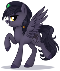Size: 1566x1853 | Tagged: safe, artist:kannakiller, edit, oc, oc only, oc:mir, species:pegasus, species:pony, beret, clothing, dashite, female, grin, hat, hooves, leg lifted, leg raise, looking back, pose, simple background, smiling, sticker, transparent background, wings, ych result
