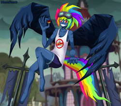 Size: 5682x4984 | Tagged: safe, artist:morestar, character:evil pie hater dash, character:rainbow dash, species:human, episode:secrets and pies, g4, my little pony: friendship is magic, clothing, evil grin, female, flying, goggles, grin, humanized, pony coloring, ponyville town hall, scene interpretation, smiling, solo, tank top, winged humanization, wings