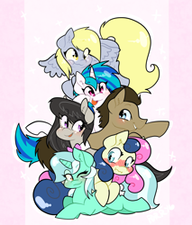 Size: 2550x3000 | Tagged: safe, artist:purrling, character:bon bon, character:derpy hooves, character:dj pon-3, character:doctor whooves, character:lyra heartstrings, character:octavia melody, character:sweetie drops, character:time turner, character:vinyl scratch, species:earth pony, species:pegasus, species:pony, species:unicorn, ship:lyrabon, adorabon, background six, blushing, bon bon is not amused, cute, derpabetes, doctorbetes, ear fluff, female, lesbian, lyrabetes, male, mare, one eye closed, open mouth, profile, shipping, stallion, tavibetes, unamused, vinylbetes, wink