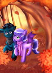 Size: 2874x4055 | Tagged: safe, artist:wild-fluff, oc, oc only, oc:midnight reverie, oc:slashing prices, species:bat pony, species:pony, species:unicorn, autumn, bush, clothing, couple, cutie mark, falling leaves, female, forest, leaves, male, mare, scarf, shipping, stallion, straight, tree, unshorn fetlocks, walking, wings, ych result