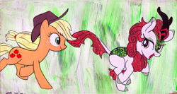 Size: 1400x745 | Tagged: safe, artist:aquilateagle, character:applejack, character:autumn blaze, species:earth pony, species:kirin, species:pony, episode:sounds of silence, g4, my little pony: friendship is magic, season 8, spoiler:s08, awwtumn blaze, cute, duo, duo female, female, mare, painting, prancing, running, scene interpretation, traditional art