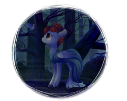 Size: 900x720 | Tagged: safe, artist:bonbrony, species:bird, species:pegasus, species:pony, beatrice, bluebird, clothing, dress, female, forest, looking at something, looking up, mare, outdoors, over the garden wall, ponified, profile, solo, standing, wings