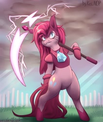 Size: 1920x2266 | Tagged: safe, artist:kelniferion, character:pinkamena diane pie, character:pinkie pie, species:earth pony, species:pony, bipedal, female, fusion, lightning, pinel, scythe, solo, spinel (steven universe), steven universe, steven universe: the movie