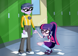 Size: 3060x2224 | Tagged: safe, artist:vinilyart, character:microchips, character:twilight sparkle, character:twilight sparkle (scitwi), species:eqg human, ship:microlight, my little pony:equestria girls, blushing, female, holding hands, lidded eyes, looking up, male, shipping, spanish description, straight