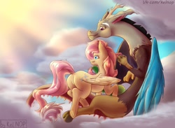 Size: 2560x1873 | Tagged: safe, artist:kelniferion, character:discord, character:fluttershy, species:draconequus, species:pegasus, species:pony, ship:discoshy, cloud, dock, female, flutterbutt, looking away, looking back, male, mare, on a cloud, shipping, sky, smiling, straight, underhoof, wings