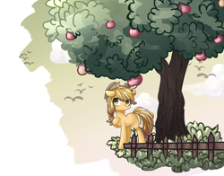 Size: 1200x942 | Tagged: safe, artist:alus, character:applejack, species:bird, species:earth pony, species:pony, apple, apple tree, clothing, cowboy hat, female, fence, hat, mare, missing cutie mark, partial background, pixiv, solo, tree