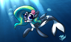 Size: 5469x3234 | Tagged: safe, artist:ohjeetorig, oc, oc:marina (efnw), absurd resolution, commission, everfree northwest, hairpin, orca, orca pony, original species, solo, tongue out, underwater