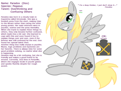 Size: 1024x768 | Tagged: safe, artist:trickypup, oc, oc only, oc:paradox moon, species:pegasus, species:pony, bio, reference sheet, simple background, smiling, solo, text