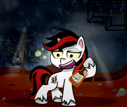 Size: 500x420 | Tagged: safe, artist:uteuk, oc, oc only, oc:blackjack, species:pony, species:unicorn, fallout equestria, fallout equestria: project horizons, my little pony:pony life, alcohol, bottle, fanfic, fanfic art, female, hooves, horn, mare, open mouth, small horn, solo, wasteland, whiskey, wild pegasus