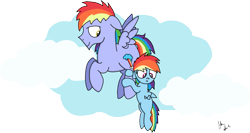 Size: 1013x538 | Tagged: safe, artist:graciegirl328, character:rainbow blaze, character:rainbow dash, species:pony, blank flank, father and daughter, female, filly, filly rainbow dash, flying, male, scared, simple background, transparent background, younger