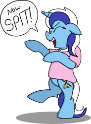 Size: 532x723 | Tagged: safe, artist:graciegirl328, character:minuette, species:pony, species:unicorn, bipedal, dentist, eyes closed, female, floppy ears, i am your dentist, little shop of horrors, simple background, solo, song reference, standing, standing on one leg, transparent background