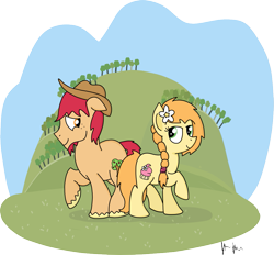 Size: 1037x961 | Tagged: safe, artist:graciegirl328, oc, oc only, species:earth pony, species:pony, applejack's parents, beard, clothing, cowboy hat, facial hair, female, flower, flower in hair, hat, headcanon, hilarious in hindsight, hill, male, mare, not bright mac, not pear butter, simple background, stallion, transparent background, unshorn fetlocks