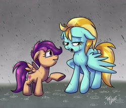 Size: 3670x3128 | Tagged: safe, artist:ohjeetorig, character:lightning dust, character:scootaloo, species:pegasus, species:pony, commission, official fan art, rain, teary eyes