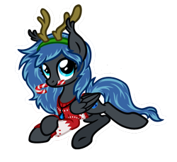 Size: 564x515 | Tagged: safe, artist:angelea-phoenix, oc, oc:midnight glight, species:pegasus, species:pony, antlers, candy, candy cane, clothing, female, food, mare, mouth hold, prone, simple background, solo, sweater, transparent background